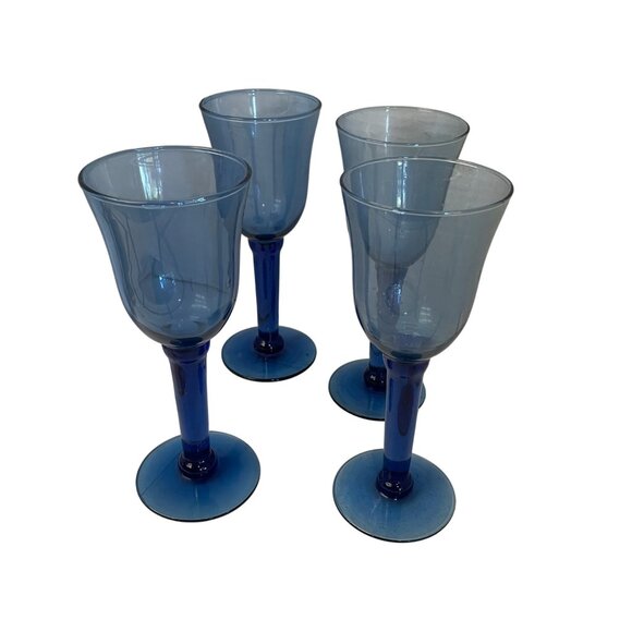 Vintage Blue Glass Goblets Set Of 4 Elegant Wine Glasses - Picture 2 of 6